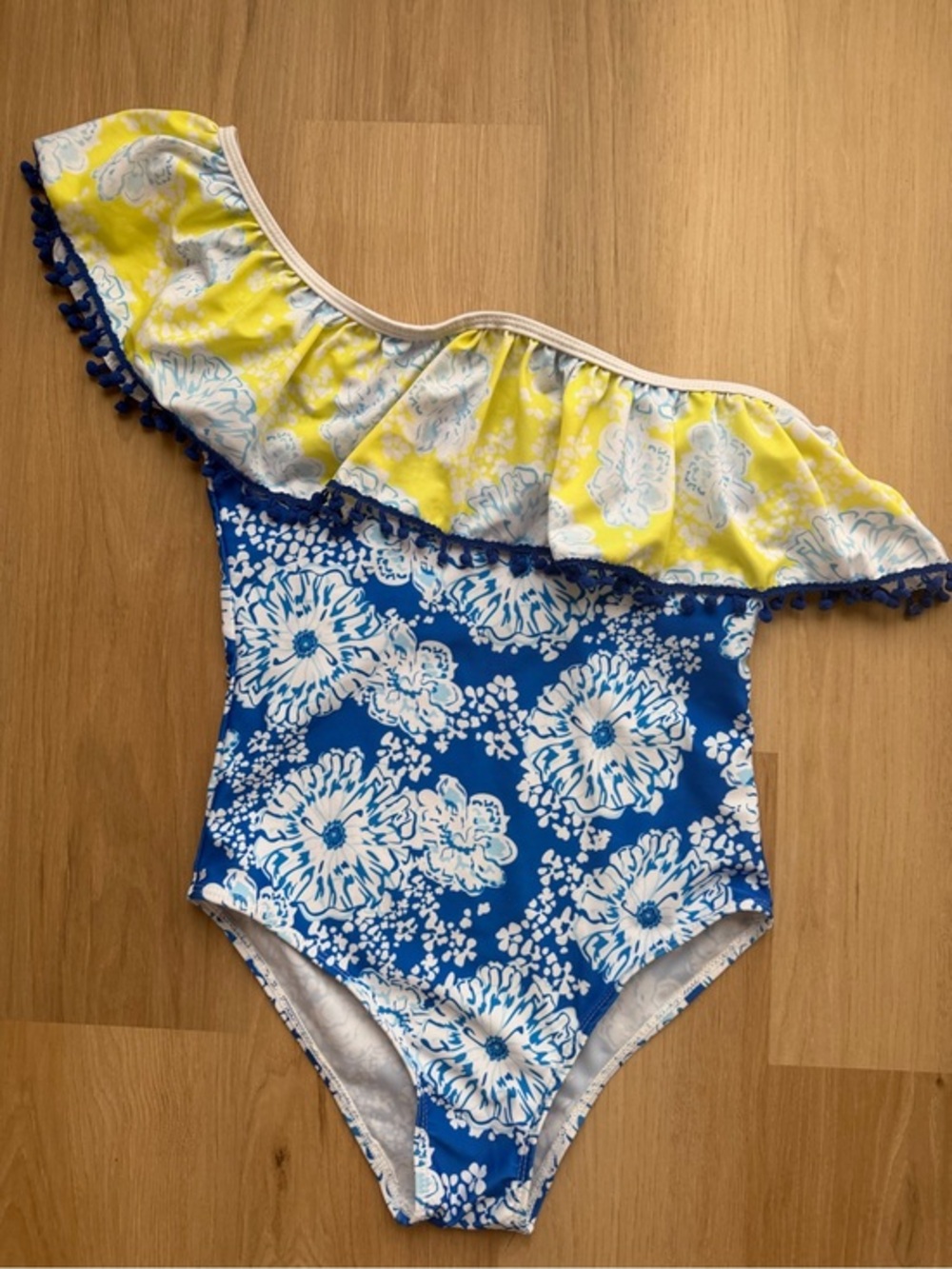 Blue Floral One Shoulder Ruffle One Piece Swimsuit Pom Pom Trim Size Small